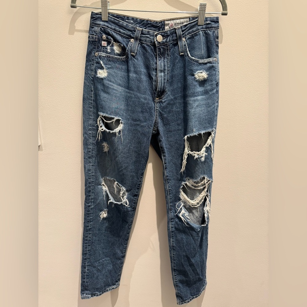 AG Aged Denim Phoebe Tapered Distressed Vintage High Waisted Blue Jeans 27 R